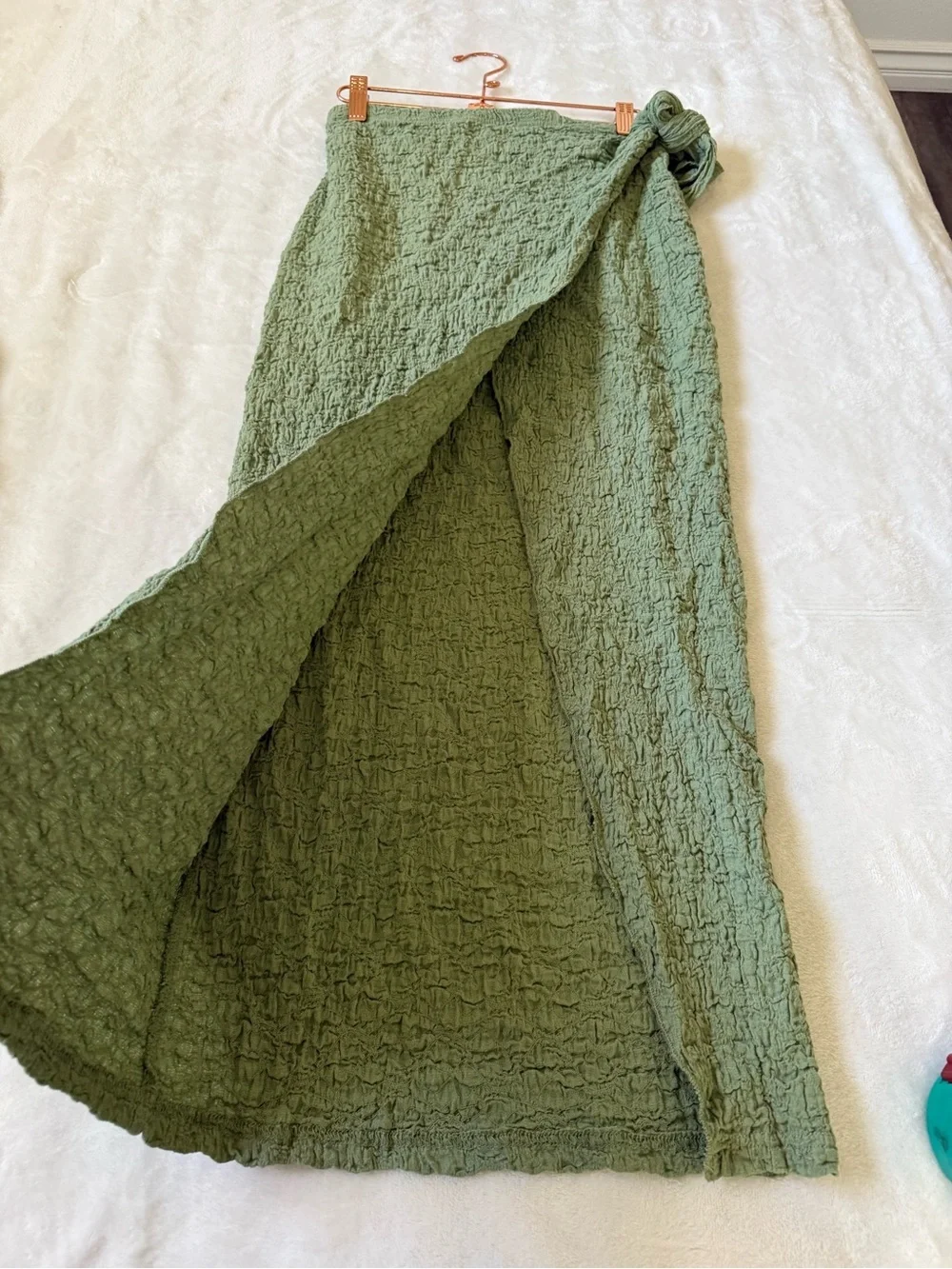Sage Green Textured Two Piece Beach Set Wrap Skirt Puff Sleeve Top